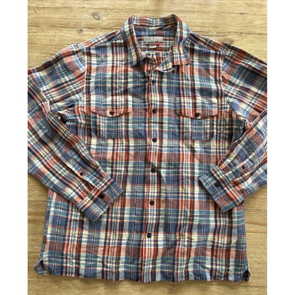 THE FIELD Shirt Mens XL Linen Cotton Blend Long Sleeve Straight Hem Loop Collar